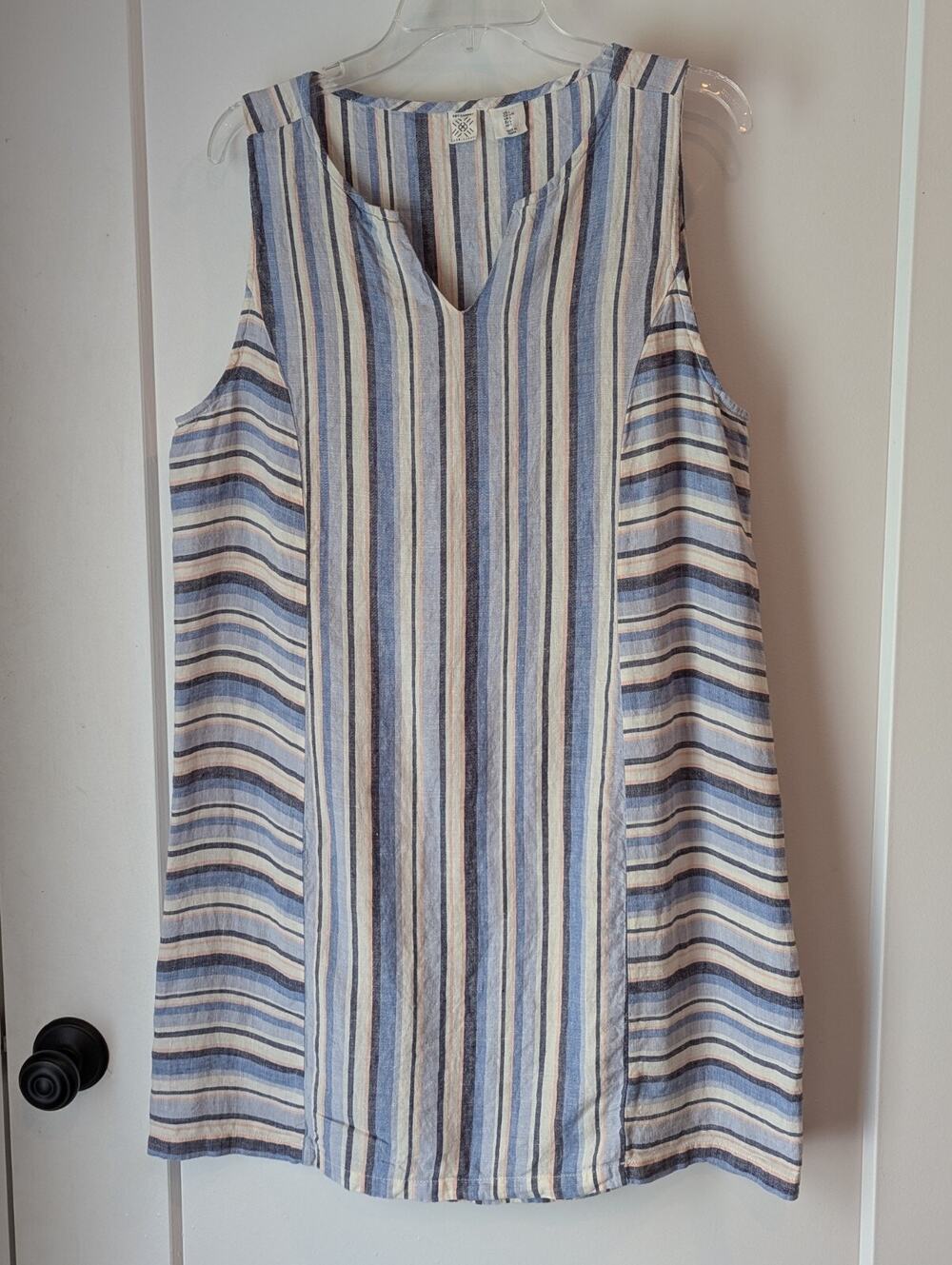 Artisan NY 100% Linen Ladies L Dress Blue Stripe Lagenlook Casual Nautical